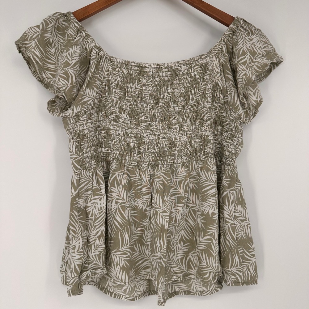 Japna Peplum Blouse Womens Medium Palm Print Smocked Flutter Sleeve Green Modern - Picture 4 of 5